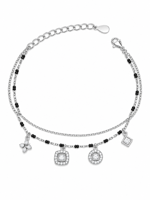 Black Beaded Charm 92.5 Silver Bracelet