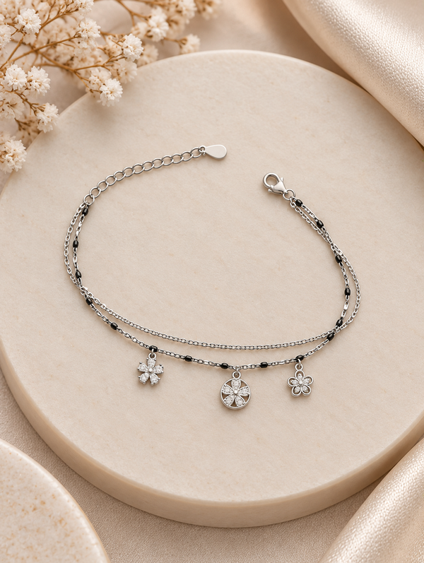 Floral Charm Double-Layer 92.5 Silver Bracelet