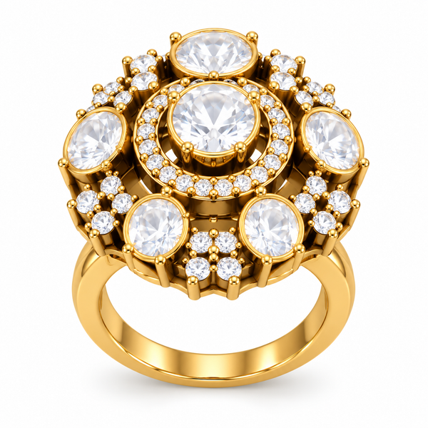Luxury Floral Cluster Moissanite Ring – 92.5 Hallmarked Silver with Gold Finish