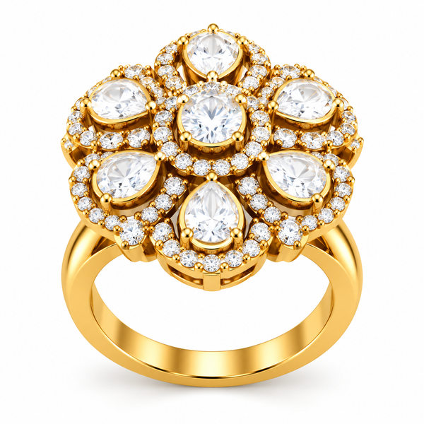 Elegant Floral Moissanite Cluster Ring – 92.5 Hallmarked Silver with Gold Finish