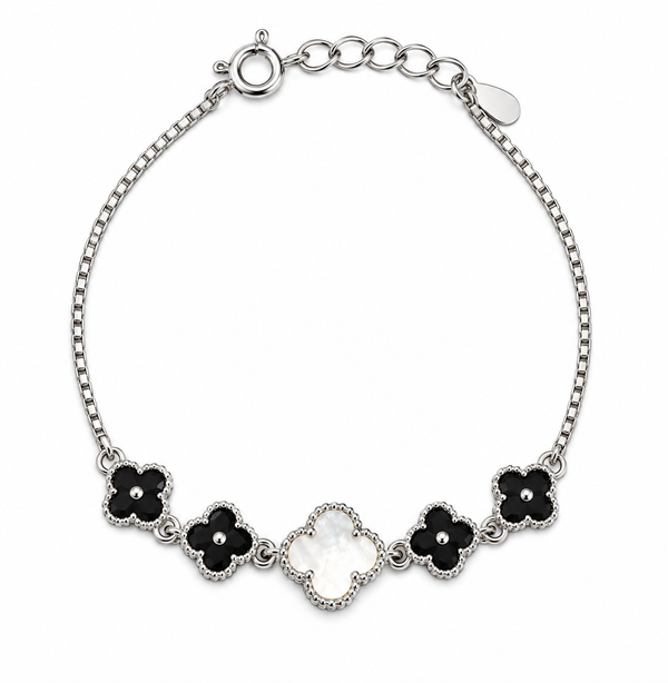 Black & Pearl Clover 92.5 Silver Bracelet