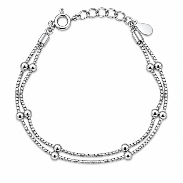 Double Layer Silver Beaded Chain Bracelet