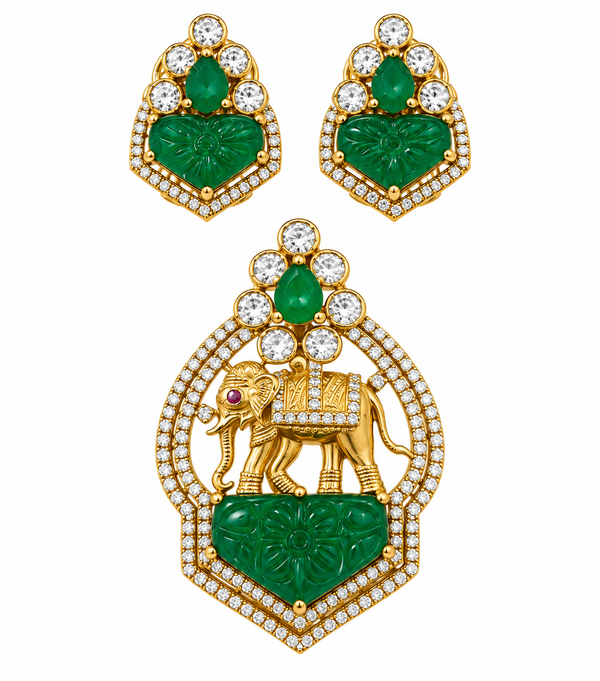Royal Elephant Moissanite Pendant & Earring Set in 92.5 Silver
