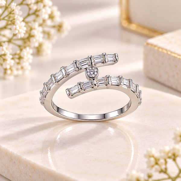 Emerald Cut Moissanite Double Band Statement Ring