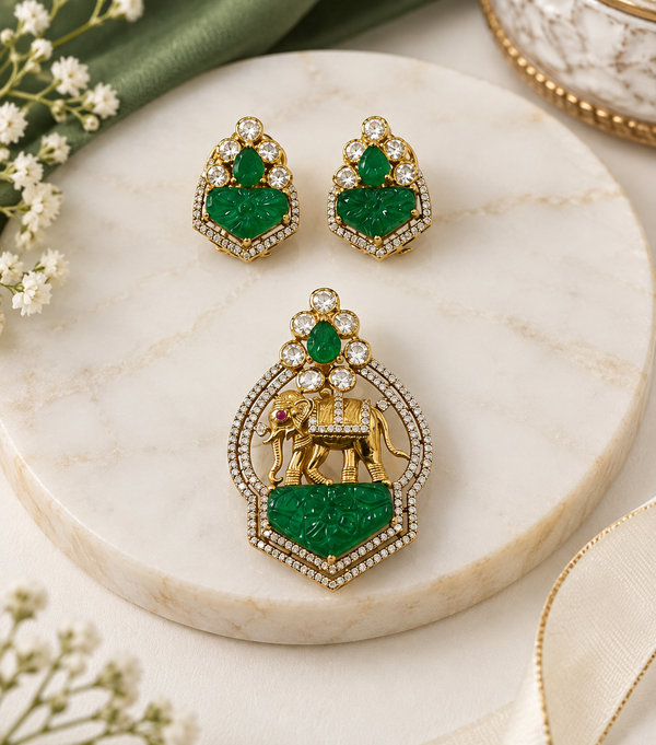 Royal Elephant Moissanite Pendant & Earring Set in 92.5 Silver