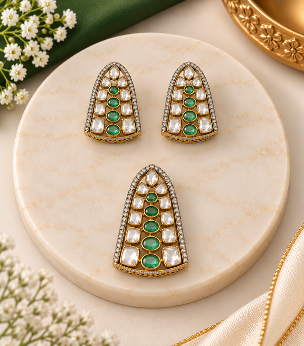 Emerald Green Moissanite Pendant & Earring Set in 92.5 Silver