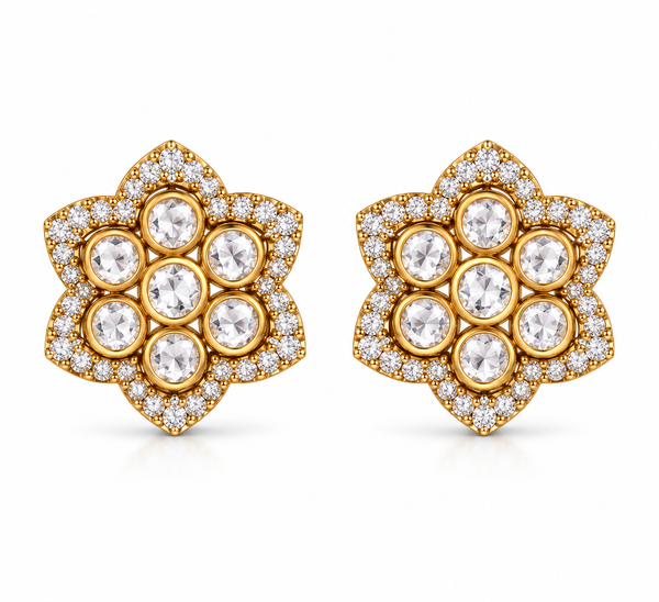 Golden Floral Moissanite Cluster Stud Earrings