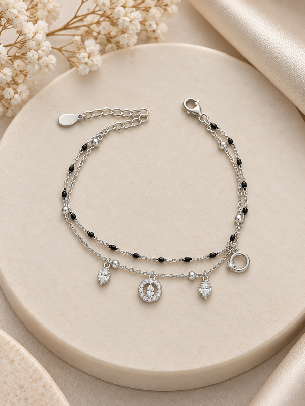 Black Beaded Double-Layer 92.5 Silver Bracelet