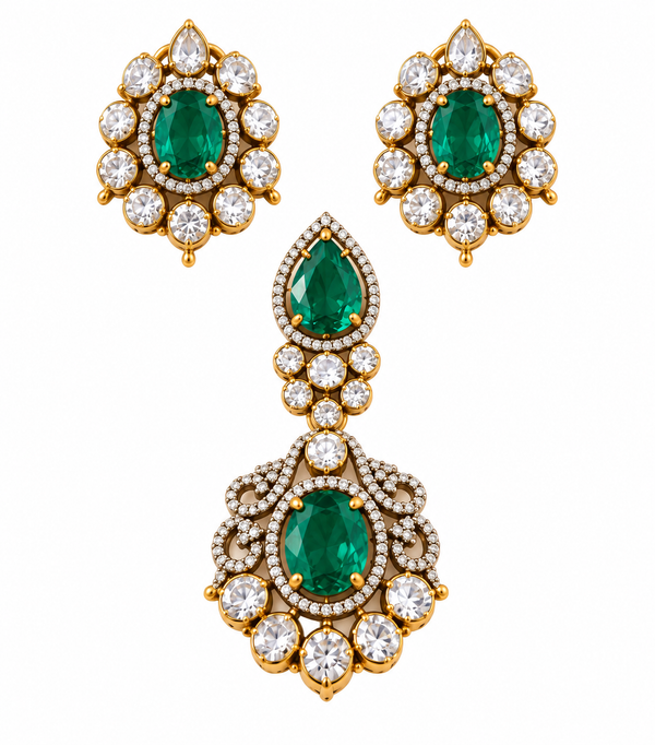 Emerald Green Moissanite Pendant & Earring Set in 92.5 Silver