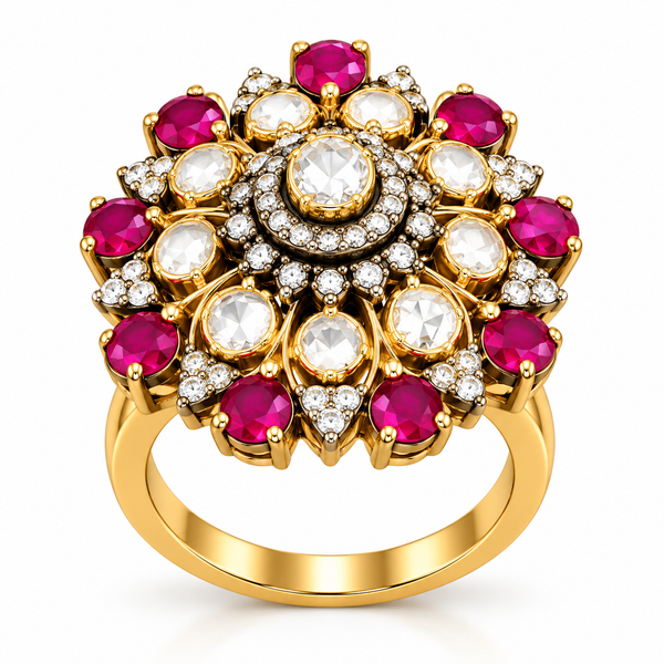 Ruby & Moissanite Floral Statement Ring – 92.5 Hallmarked Silver with Gold Finish