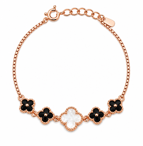 Rose Gold Black & Pearl Clover Bracelet