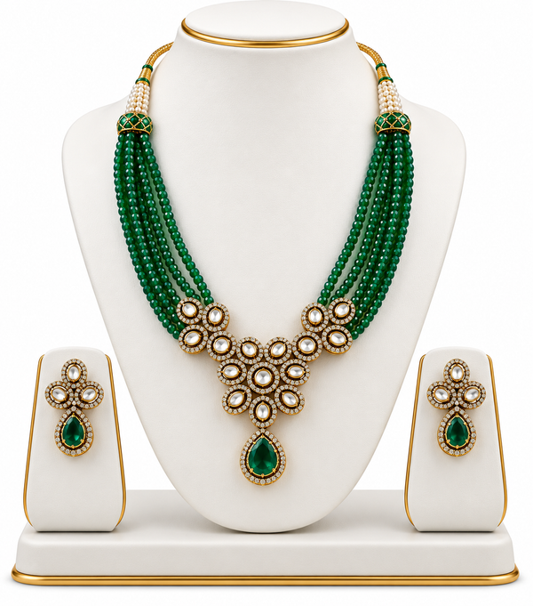 Emerald Green Moissanite Pearl Necklace & Pendant Set in 92.5 Silver