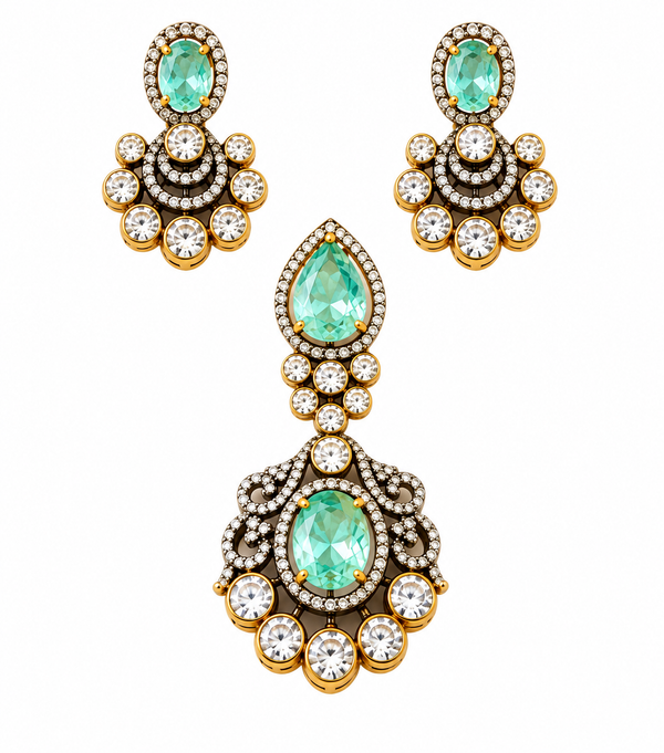 Aqua Green Moissanite Pendant & Earring Set in 92.5 Silver