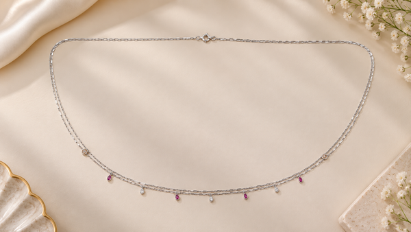 Ruby & Diamond Drop Silver Waist Chain