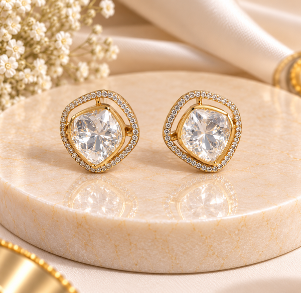 Cushion Cut Halo Moissanite Stud Earrings