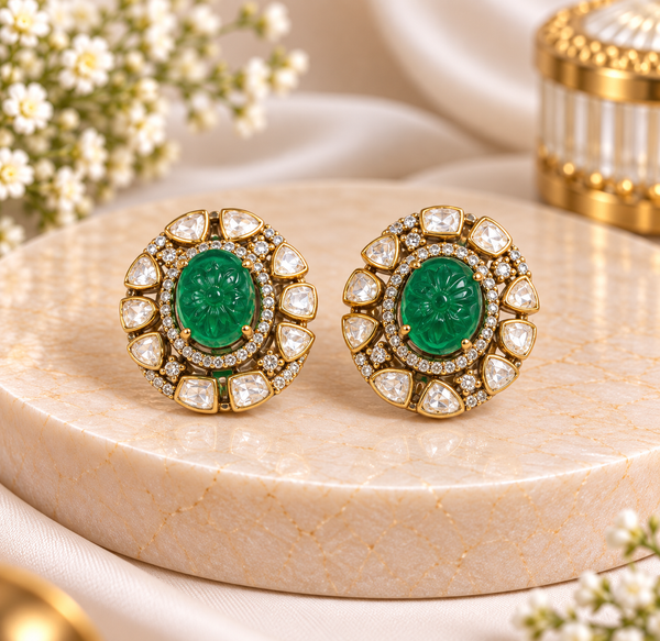 Emerald Floral Moissanite Statement Stud Earrings
