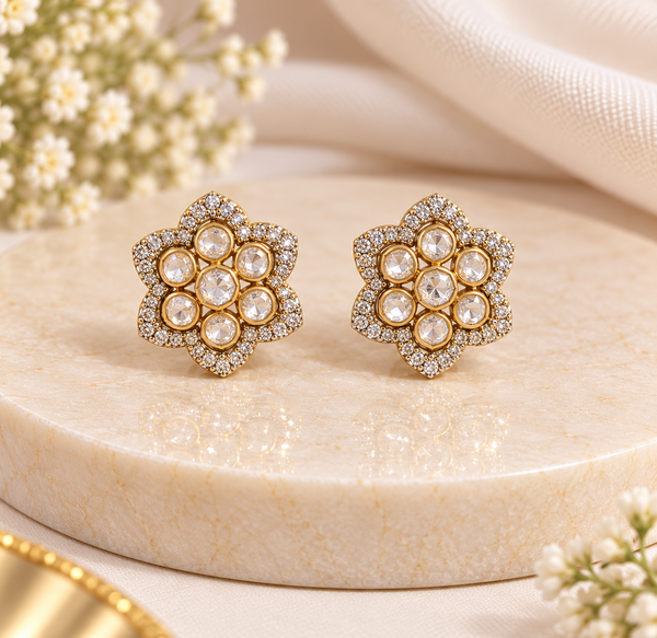 Golden Floral Moissanite Cluster Stud Earrings