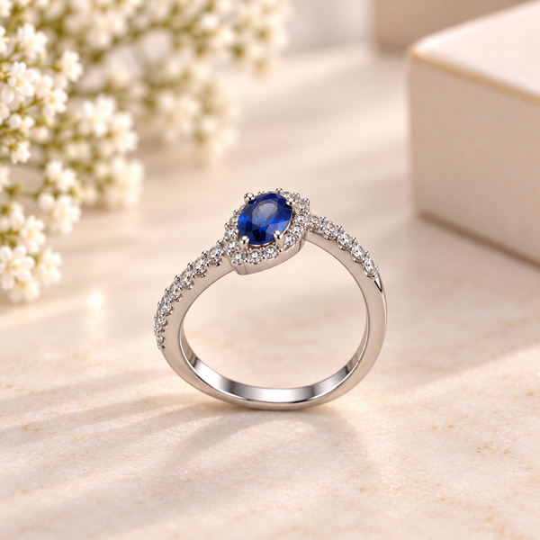 Blue Sapphire Moissanite Halo Ring