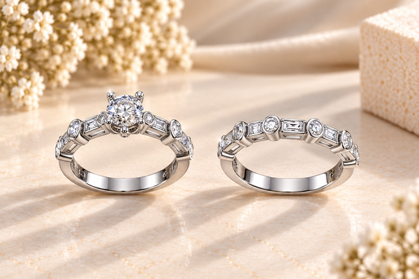 Elegant Solitaire & Diamond Band Ring Pair