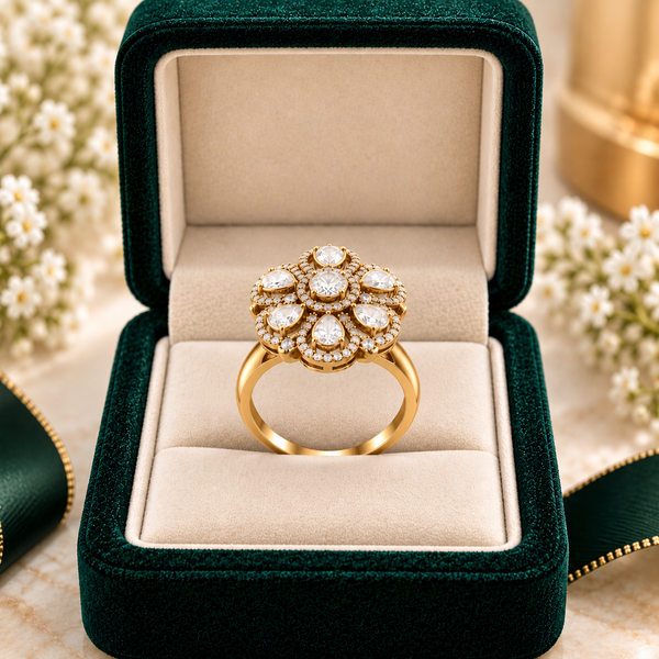 Elegant Floral Moissanite Cluster Ring – 92.5 Hallmarked Silver with Gold Finish