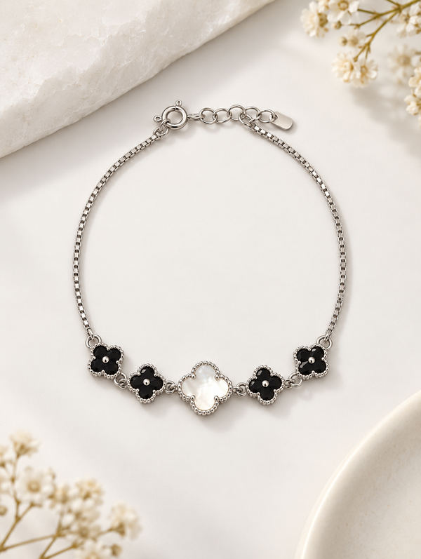 Black & Pearl Clover 92.5 Silver Bracelet