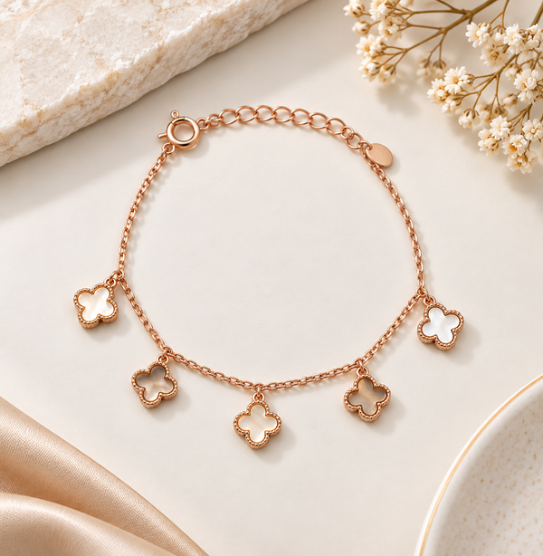 Rose Gold Mother of Pearl Clover Charm Bracelet