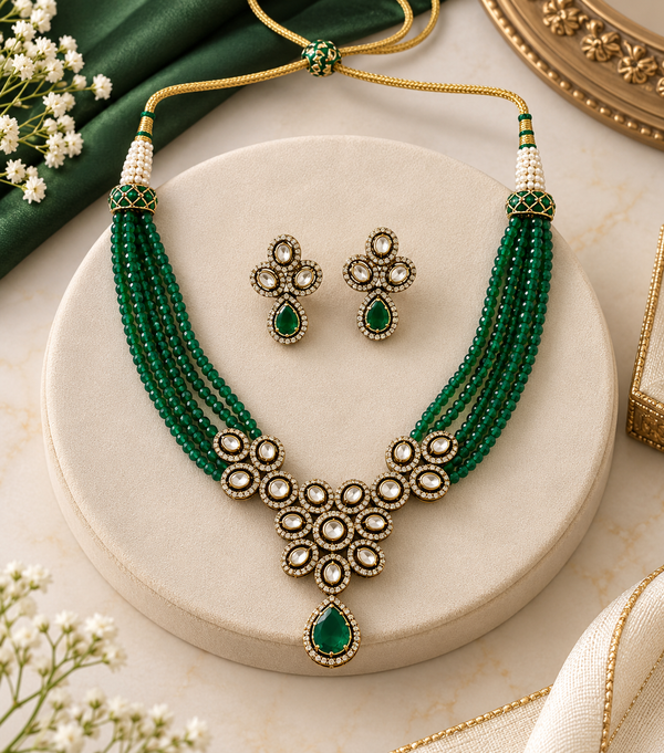 Emerald Green Moissanite Pearl Necklace & Pendant Set in 92.5 Silver
