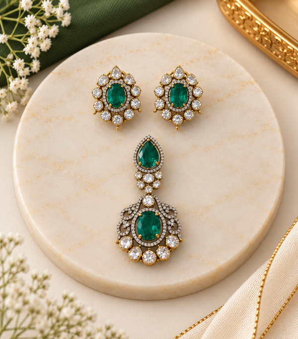 Emerald Green Moissanite Pendant & Earring Set in 92.5 Silver
