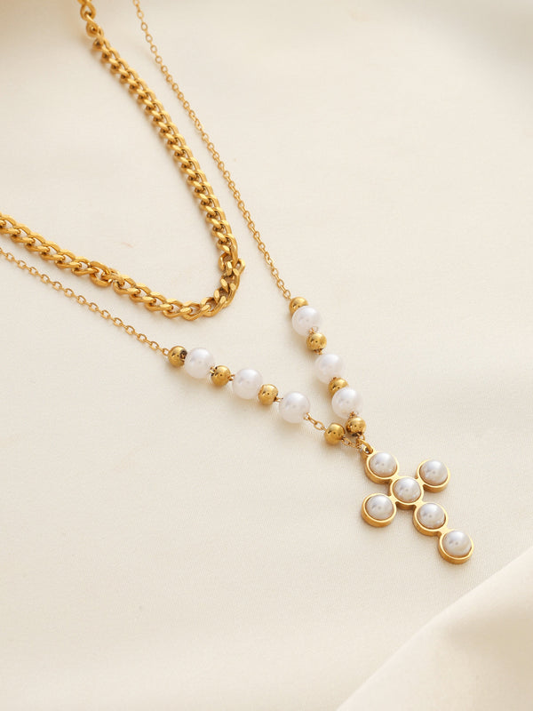 Layered Pearl Cross Necklace